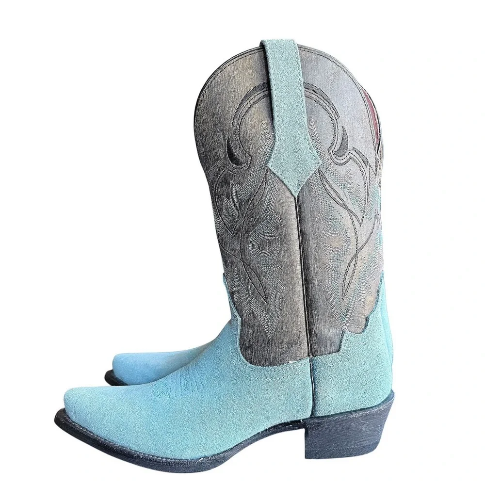 NEW Ferrini Holly Dusty Blue Suede Snip Toe Leather Cowboy Boots Women Size 7.5 - Picture 4 of 14